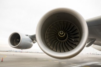 Close up of Airbus A380 two turbines jet engines on the wing