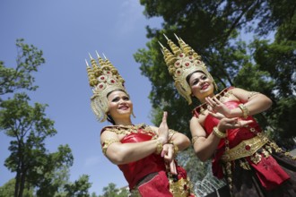 Sofia, Bulgaria - May 19, 2016: Two female performers are showing traditional Thailand clothes and