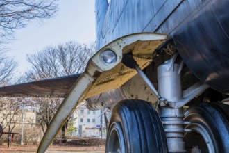 Seoul, South Korea. January 10, 2020: Closeup front view of landing gear door with landing light on