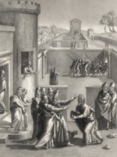 Judas Iscariot before Pontius Pilate, New Testament, steel engraving 1853, digitally restored