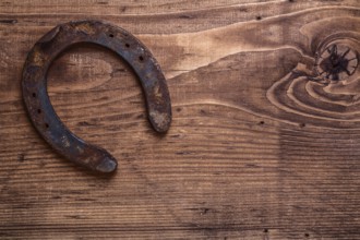 Single vintage rusted horseshoe on old wooden board with copyspace happy concept