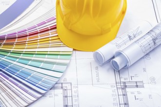 Yellow helmet color palette rolled blueprints