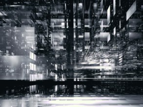 Monochrome background with perspective effect - abstract 3D illustration. A futuristic building - a