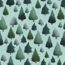 Green Christmas trees watercolour painting seamless pattern design illustration on turquoise