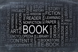Book, story and literature word cloud - white chalk text on a slate blackboard