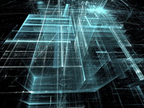 Abstract aquamarine tech background. Fractal art: glass walls on surreal building. Glowing lines