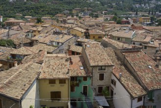 Bird's eye view of the roofs of Malcesine's historic old town centre