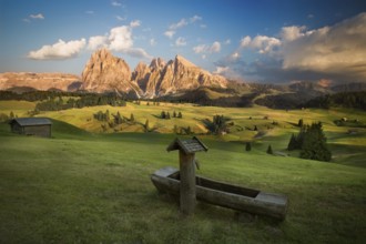 Seiser Alm with Langkofel Group before sunset, South Tyrol, Italy, Europe
