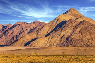 Purple and yellow mountains of the Namib desert. Sunset, Namibia. The concept of extreme and exotic