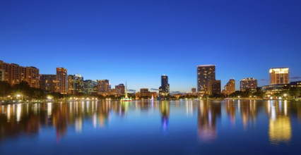 Orlando skyline sunset at lake Eola in Florida USA