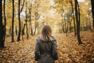 A woman in a coat stands in an autumn forest surrounded by fallen leaves