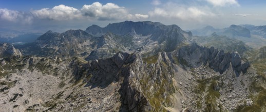 Aerial panorama view of Bobotov Kuk and other mountains in park Durmitor, Montenegro, Europe