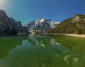 Lago di Braies and mountains, Lake Braies in Dolomite Alps, South Tyrol, Italy, Europe