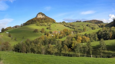 Wisner Flueh in autumn with colourful trees, first Jura chain, Wisen, Solothurn, Switzerland,