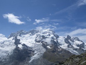 View towards one of the peaks of Switzerland above 4000m: Breithorn close to Zermmat, Valais.