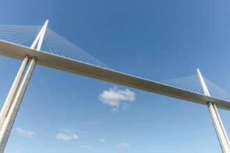 Millau viaduct, cable-stayed bridge over Tarn valley. The highest road bridge in the world. A75