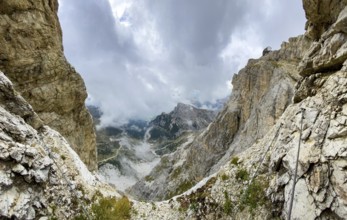 Adventurous hike up to mount Lagazuoi in the Dolomite Alps, autonomous pronvince of South Tirol in