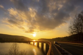 Sunset at the Rauschenbach dam. Rauschenbach, Saxony, Germany, Europe