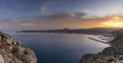 Panorama landscape view of Javea Bay and port in Alicante Province at sunset