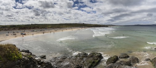 Panorama landscape view of Gwithian Beach and St. Ives Bay in northern Cornwall