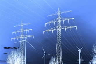 Wind turbines and electricity pylons in Bergedorf, Hamburg, Germany, photomontage, Europe