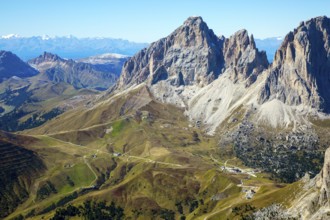 The Dolomites. The Pordoi Pass is part of the Dolomiti Superski ski resort. Alpine road of South