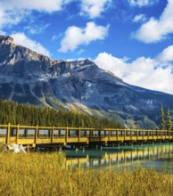 Yoho National Park, Rocky Mountains, British Columbia. Wooden bridge over Emerald Lake