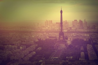 Eiffel Tower in Paris aerial sunset at France