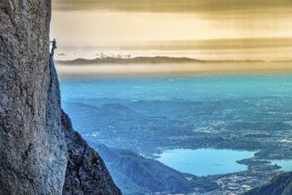 Climbing scene on Grigna mountain in the alps of Lecco