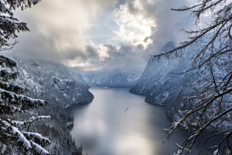 View over the Königssee in winter, Berchtesgadener Land, Bavaria, Germany, Europe