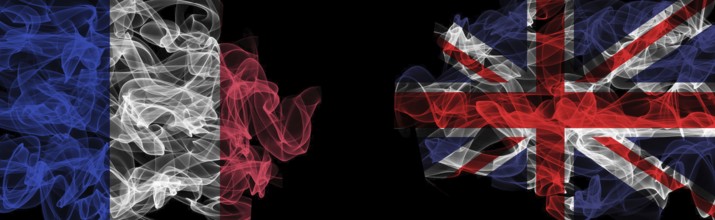 Flags of France and United Kingdom on Black background, France vs United Kingdom Smoke Flags