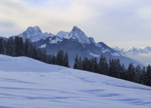 Winter evening in the Saanenland Valley, Switzerland, Europe
