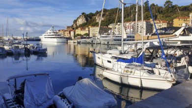 Idyllic summer: port of Lympia (harbour) : sailboats and yachts in Nice on French Riviera at summer