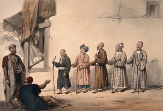 A 'kuttar' or line of blind beggars in a row, two other men in discussion, Kabul, Afghanistan.