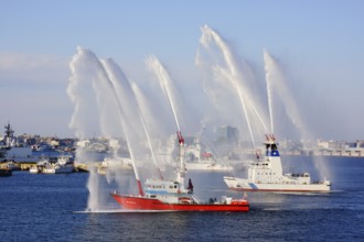 Fire fighting vessels to the water discharge training. Shooting Location: Yokohama-city kanagawa