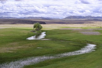 Mongolian landscape with mountain steppe and river. Western Mongolia