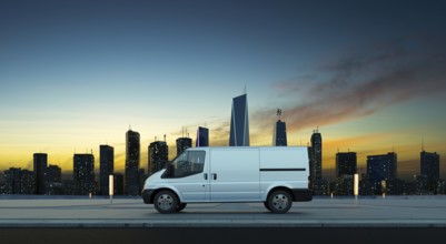 Delivery van park on a city roadside at sunrise in front of a modern cityscape. 3d illustration
