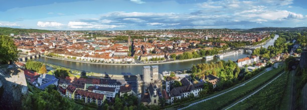 Fairy tale town: Wurzburg in Bavaria. Panorama from hill of Marienberg fortress : at left