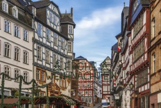 Street in Marburg with half-timbered houses, Germany, Europe