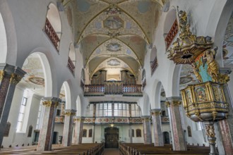 Nave with organ loft and pulpit, former collegiate church of St Peter, a Roman Catholic parish