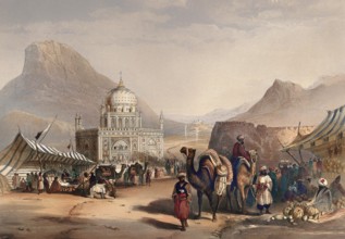 Open-air market outside the temple of Shah Ahmed, Kandahar, Afghanistan. Coloured lithograph by R.