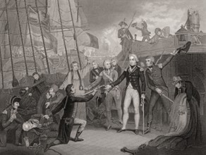 Admiral Horatio Nelson receiving the Spanish Admiral's sword, Battle of Cape St. Vincent, 1797