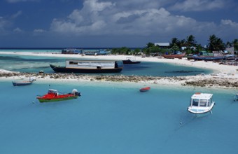 Fishing boats and dhonis off Maldives Island, Maldives, Indian Ocean, Meemu Atoll, Asia