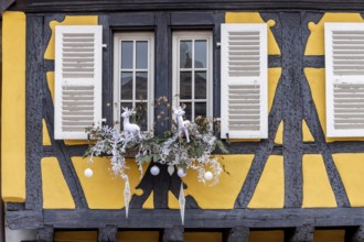 Yellow half-timbered house with a window decorated for Christmas, Colmar, Alsace, Département