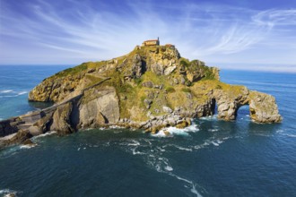 The island Gastelugache connected to the mainland by a bridge and a winding staircase. The Bay of