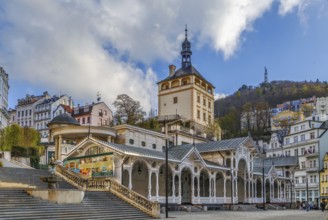 Castle Tower and Market Colonnade in the historical center of Karlovy Vary, Czech republic
