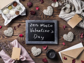 Zero waste Valentine's Day concept. Eco-friendly gift cloth wrapping in Furoshiki style, homemade