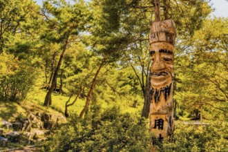 Boeun-gun, South Korea, September 13, 2019: Korean jangseung (village guardian) on display in