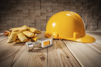 Construction Safety Tools And Workwear. Yellow Helmet Claw Hammer Leather Gloves. Wooden Beams