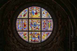 SIENA, ITALY, SEPTEMBER 23, 2023, Rich ornate window with mother mary above the presbytery of the